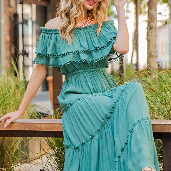 OFF THE SHOULDER RUFF MAXI DRESS - Picture 11 of 12
